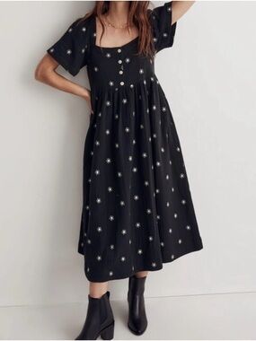 Madewell Black Midi Dress with White Floral Embroidery